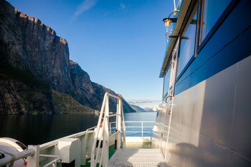 Ferry crosses Lysefjord Forsand Rogaland Norway Scandinavia