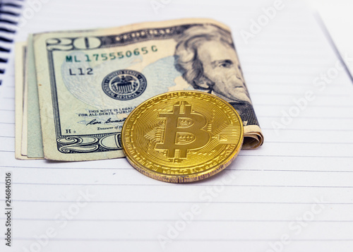 Golden Bitcoin Lies On The Banknotes American Dollars Online B - 