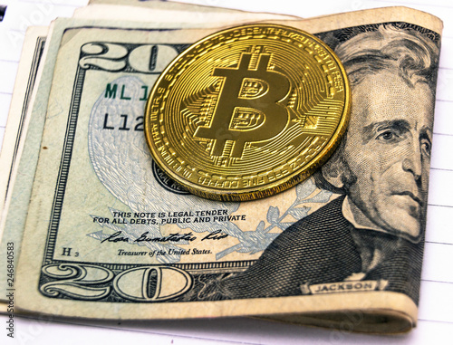 Golden Bitcoin Lies On The Banknotes American Dollars Online B - 