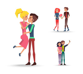 Cheerful lovely pair with flower isolated on white vector illustration. Young girls and boys embracing, makes selfie, gives red bouquet.