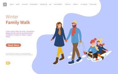 Mother and father with sledges and children web pages with text sample. Daddy and mommy with kids, daughter and son sitting on sleigh fun wintertime