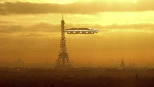 Flying saucer over Paris near Tour Eiffel - artistic representation 3d rendering 