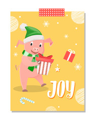 Joy postcard, piglet New Year symbol, gift box isolated on yellow background with snowflakes. Pig in green scarf and hat wishing Merry Christmas vector