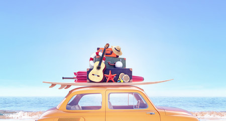 Yellow car with with luggage ready for summer travel 3D Rendering