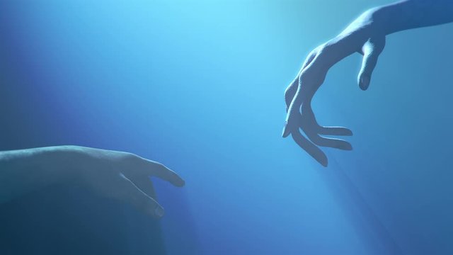 Extraterrestrial hand contact human hand -slow motion - alien first contact  - artistic representation - 3d rendering 