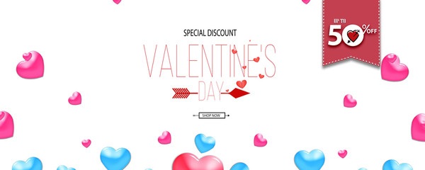 Fototapeta na wymiar Promo Web Banner for Valentine's Day Sale. Beautiful Background with Red and Pink Hearts. 50% Discount Offer