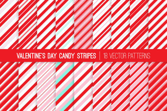 Super Pack of Red, Pink, Aqua Blue and White Candy Cane Stripes Vector Patterns. Valentine's Day Backgrounds. Repeating Pattern Tile Swatches Included.