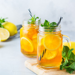 Lemon mint iced tea cocktail refreshing drink for summer days