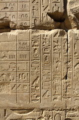 Ancient stone wall with Egyptian hieroglyphs