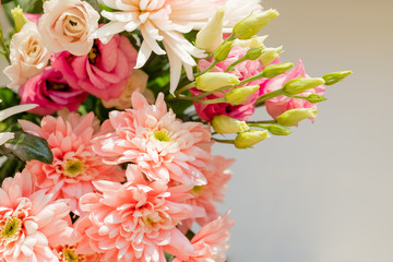 Chrysanthemum flower.Bouquet  Carnation, Chrysanthemum and Limonium flowers.blossom for 8 March. Flower greeting card.Mixed flower arrangement: various gerbers in different colors for a wedding