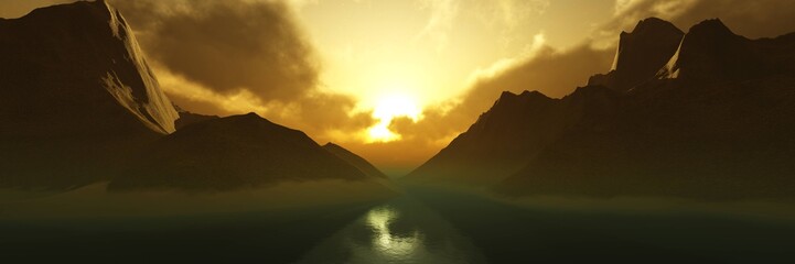 Sunrise over a mountain lake, sunset over a mountain river, a pond in the mountains at sunset