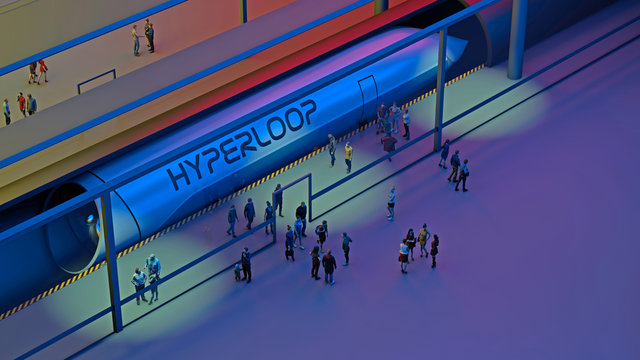 Stazione dei treni e Hyperloop. Passeggeri in attesa del treno. Tecnologia futuribile per il trasporto ad alta velocit&agrave; di merci e passeggeri all'interno di tubi a bassa pressione. 3d rendering