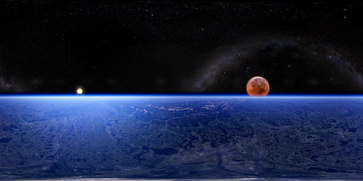 360° vr - bloodmoon and sun rise up over the earth