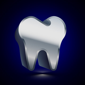 3D stylized Tooth icon. Silver vector icon. Isolated symbol illustration on dark background.
