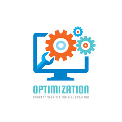 Computer repair service vector business logo template concept illustration. Wrench and gears symbols. Search engine optimization. Abstract technology electronic sign. SEO. Graphic design element.