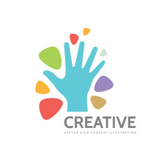 Human hand and abstract shapes - vector business logo template creative illustration. Development, solution, planning, technology, multimedia, ispiration, optimization concept sign. Graphic design. 