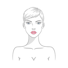 Vector illustration of a beautiful young nude woman with short haircut, isolated on white background. Fashion model sketch