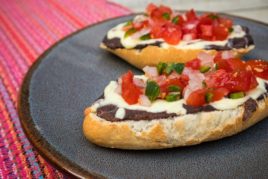 Molletes with Pico de Gallo, a Mexican Breakfast (Overhead)