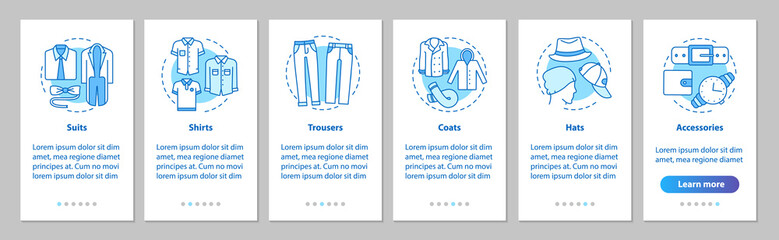 Men's clothes onboarding mobile app page screen with linear conc