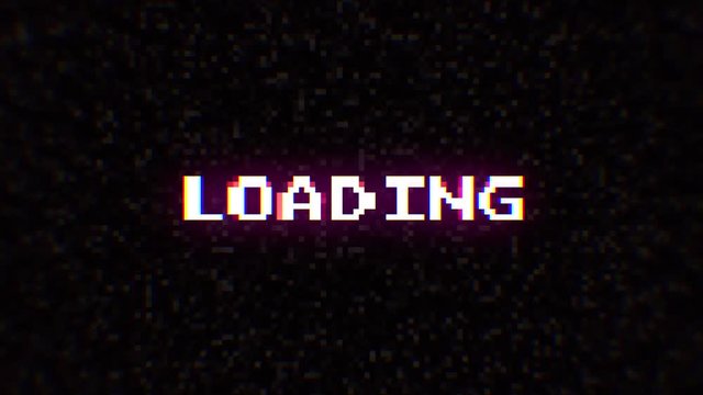 Intentional digital artifact injection fx animation, decoding a noisy scambled 8-bit text: loading.