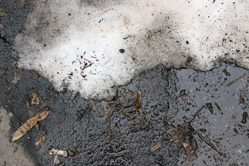 Melting snow asphalt slush water puddle flow dirty street sidewalk