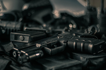 military equipman and weapons close up shooting