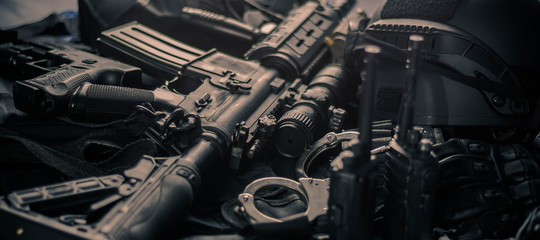military equipman and weapons close up shooting - obrazy, fototapety, plakaty
