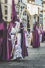 Religious brotherhoods parading in a procession in celebration of Easter in the historic center of the Zamora city, Spain. 