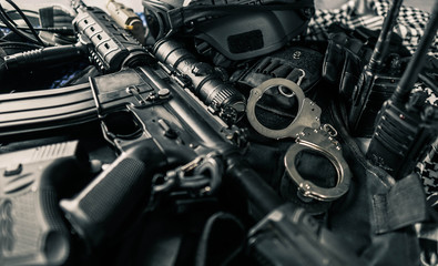 Fototapeta na wymiar military equipman and weapons close up shooting