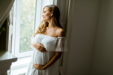 Fototapeta na wymiar Young pregnant woman standing by the window