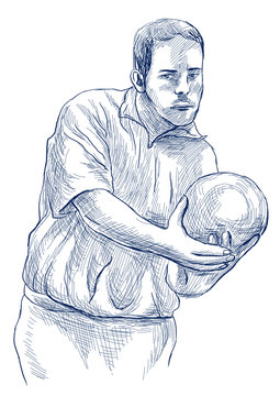 Bowling - An hand drawn illustration on white background in vintage style. Freehand sketching. Retro in blue line art.