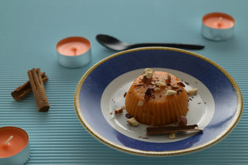persimmon pie on light blue background
