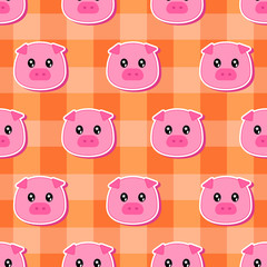 Seamless pattern created by cute little pig set in striped orange background