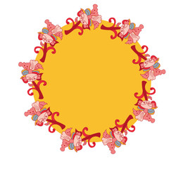 Vector abstract border, print on a yellow background. Floral pattern from red hand drawn flowers, fantasy leaves and fairy tale animal, ornate cute.wallpaper