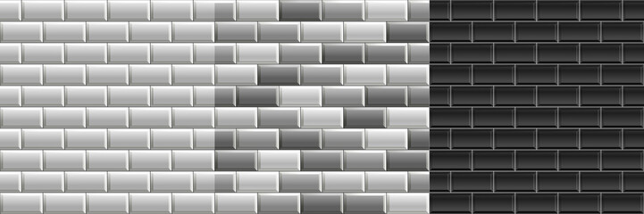 Black and white seamless textures of subway tiles. Set of vector grayscale bricks wall