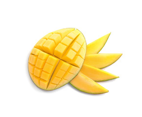 Cut ripe mango on white background, top view. Tropical fruit
