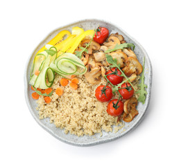 Plate of healthy quinoa salad with vegetables isolated on white, top view