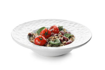 Plate of healthy quinoa salad with vegetables isolated on white