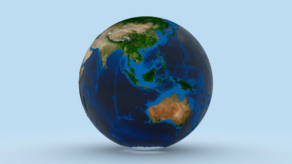Earth with Australasia Australia China in focus on light blue background 3d rendering