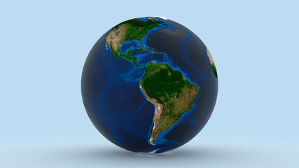 Earth with North America and South America in focus on light blue background 3d rendering