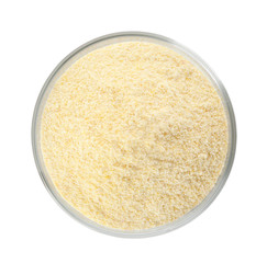Bowl of corn flour isolated on white, top view