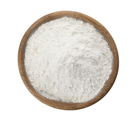 Bowl of wheat flour isolated on white, top view