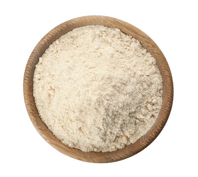 Bowl of sesame flour isolated on white, top view