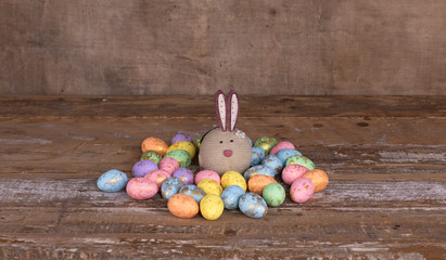 Happy Easter, decorative bunnies and Easter eggs
