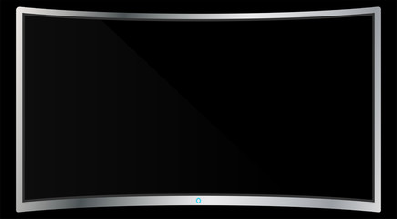 Realistic modern curved 4k TV monitor isolated on black background. Empty screen template mockup. Blank copy space on PC screen. Vector illustration