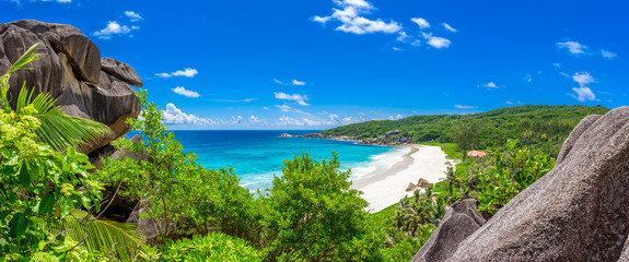 Wide panoramic view on Grand Anse in La Digue island in Seychelles
