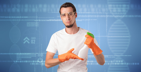 Crowd cleaning theme with male housekeeper and DNS concept wallpaper

