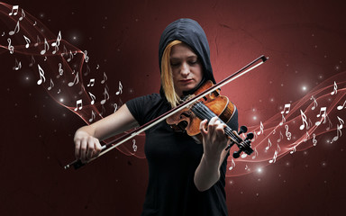 Lonely musical composer with violin and sparkling musical notes around