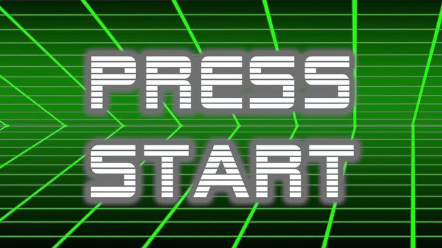 Animation of PRESS START title appearing on a retro 80s 90s style graphics background.Gaming motion graphic - Powered by Adobe