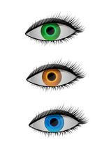 colored contact lenses, blue, orange and green eyes,
